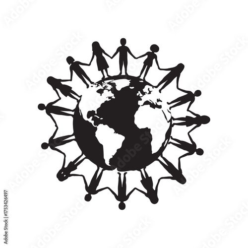 Monochrome Vector Illustration of People Silhouettes Holding Hands Around Global Earth