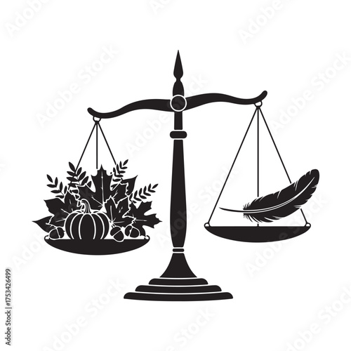 Monochrome Balance Scale Icon Comparing Autumn Harvest and Light Feather