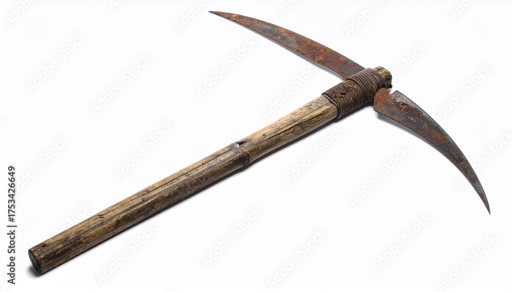 Obraz premium Antique Scythe with Curved Rusted Blade and Worn Wooden Handle Symbolizing Historical Agriculture Manual Labor and Rural Craftsmanship for Editorial and Lifestyle Use