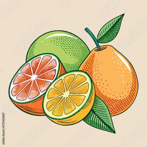 Colorful citrus fruit illustration featuring oranges, lemons, and limes with fresh green leaves, drawn in a vibrant cartoon style