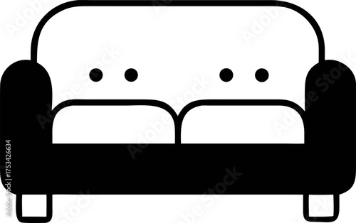 A simple black and white vector icon of a two-seater couch, representing furniture and interior design for home living room decor