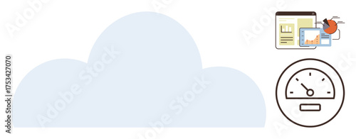 Cloud with connected analytics tools, charts, and speedometer gauge. Ideal for technology, data analysis, cloud services, management, performance tracking innovation IT. Simple flat metaphor