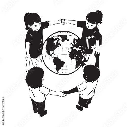 Monochromatic Vector Graphic Children Circling Planet Earth