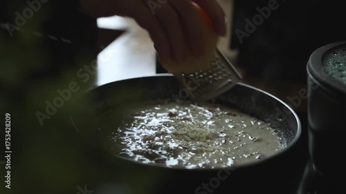 Creamy Carbonara Sauce Cooking on Pan.