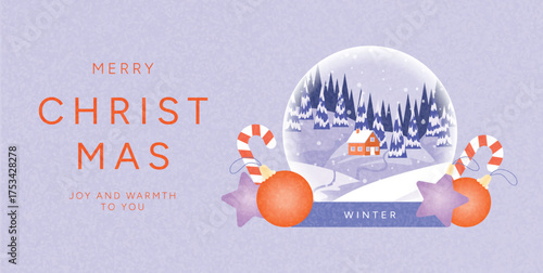 Christmas card with snow globe, red house, snowy forest, candy canes, baubles and stars on purple background. Festive winter holiday illustration for greeting cards, posters, and banners