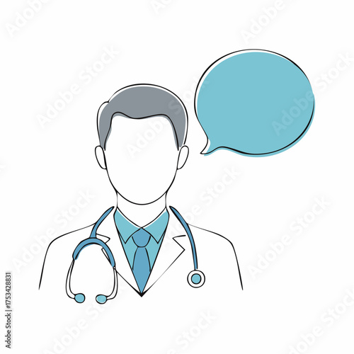 A professional doctor in a white coat with a stethoscope around his neck, speaking through a speech bubble