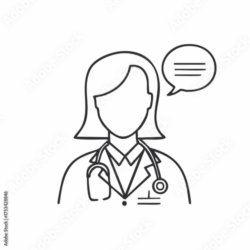 Line art icon of a female doctor with a stethoscope and a speech bubble, symbolizing medical consultation, professional healthcare advice, and virtual patient communication services