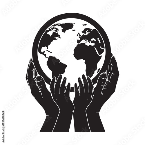 Minimalist Black Silhouette Vector Graphic of Hands Protecting the Earth