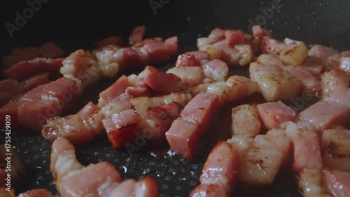 Sizzling Chopped Pork in Frying Pan.
