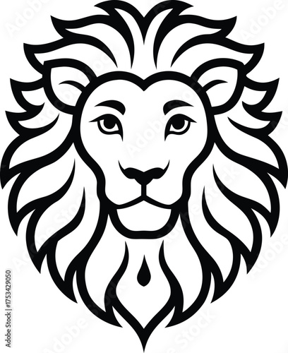 Stylized black and white lion head emblem with majestic mane and fierce expression. lion head icon.