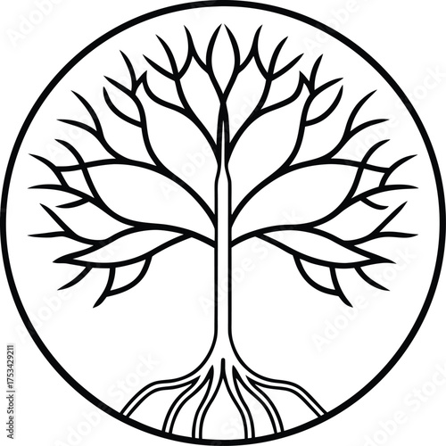 Stylized black and white tree of life symbol with circular border and visible roots