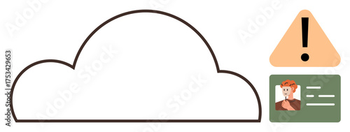 Cloud outlined with a warning sign and ID profile card, signaling data security concern. Ideal for data safety, security, technology, privacy, alert, cloud storage, simple flat metaphor