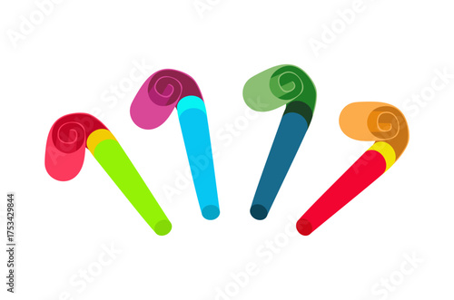 Bright Party Whistle as Birthday Toy and Accessory for Blowing and Making Sound Vector Set. Isolated on white background.