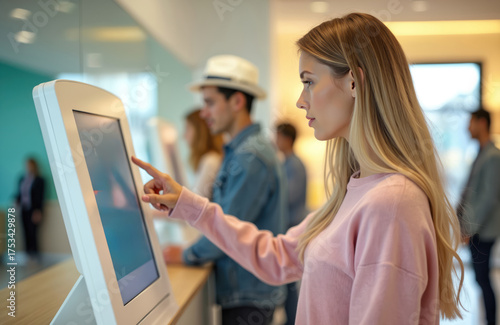 Young blonde woman uses digital self check-in kiosk touch screen. Registers for service at modern reception area. People wait in line. Clinic visitor interacts with new tech for appointment