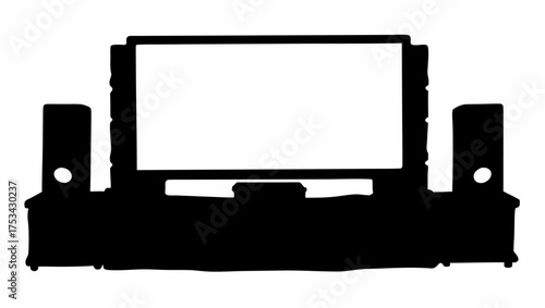 Silhouette of a television set with two speakers on a cabinet providing a home entertainment setup view