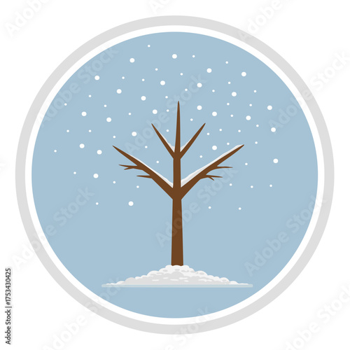Minimalistic vector illustration of a leafless winter tree covered with snow. A tree in the snow under falling snow on a blue background. Flat  illustration in a round frame.