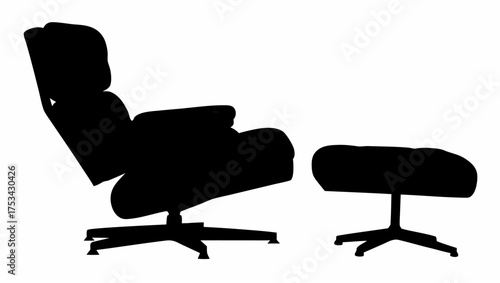 Silhouette of a lounge chair with ottoman featuring a high back and star base design against white space