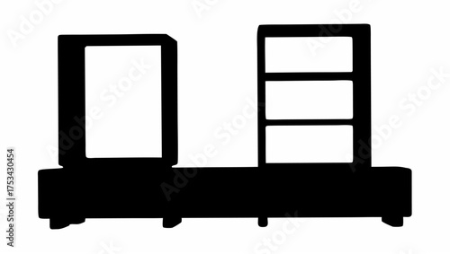 Silhouette of a dresser with a mirror and a shelf unit with three compartments on a white background