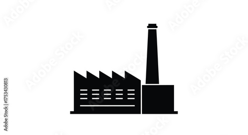 Simple black and white illustration of an industrial factory building with a chimney