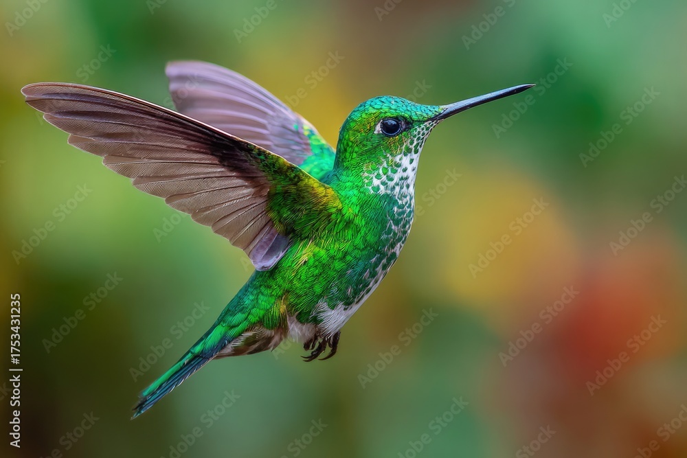 Obraz premium Vibrant hummingbird in mid-flight against a blurred, colorful background, showcasing bright plumage