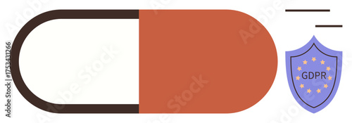 Red and white capsule beside a GDPR shield implying healthcare data compliance. Ideal for health privacy, pharmaceutical laws, medical ethics, legal protection, cybersecurity, compliance, simple flat