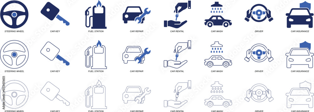 Naklejka premium Drive icon set with editable, featuring car, steering wheel, road, navigation, location, map, travel, and transportation symbols in a clean modern vector illustration.
