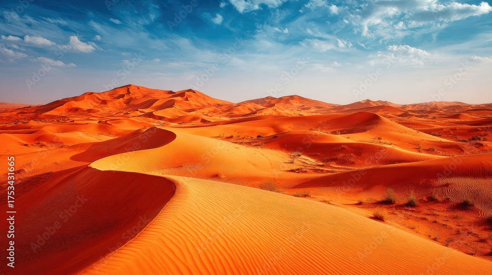 Naklejka premium Expansive desert landscape with flowing sand dunes under a bright blue sky