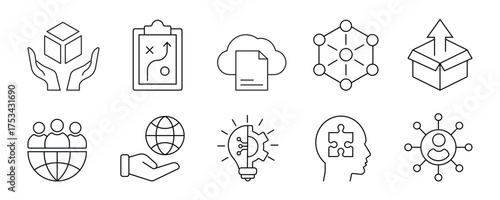 Collection of icons representing innovation technology and global connectivity business ideas and digital solutions