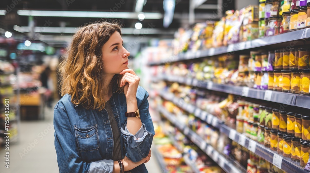 Fototapeta premium Woman thoughtfully shopping for groceries in a modern supermarket aisle filled with snacks and sauces