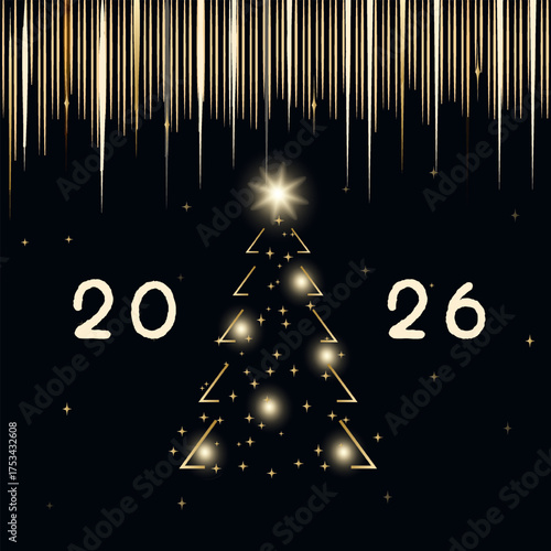shiny Christmas tree. Golden glowing spruce in a luxurious design. Vector background.