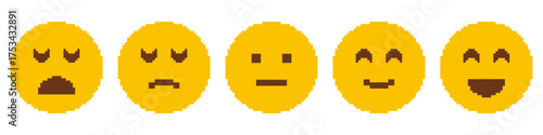 Pixel Art Emoji Faces Icon Set. Emotional Expression And Mood Representation Symbol Collection. Sadness, Neutrality, Happiness, And Joy In Pixelated Style. Isolated Vector Illustration
