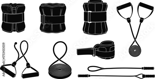 Fitness equipment silhouette, resistance band vector, workout gear illustration, ankle wrist weights design, jump rope clip art, exercise accessory set