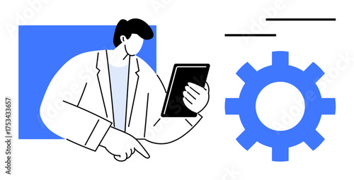 Professional analyzing data on tablet pointing to task, gear symbolizing operation, automation, teamwork. Ideal for innovation, workflow, management, strategy planning tech problem-solving. Simple