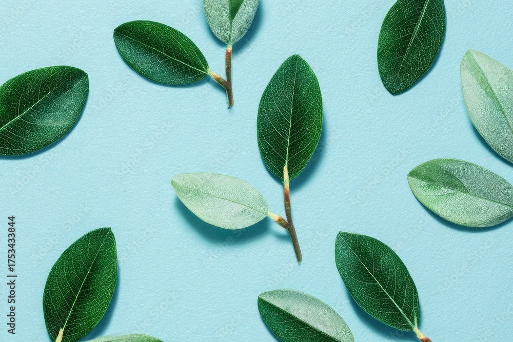 Naklejka premium Top-down view of scattered green leaves against a light blue backdrop, showcasing delicate textures