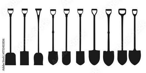 Set of shovel tools. Tool icon collection. Silhouette of a shovel tool, Shovel icon vector, Garden shovel silhouette. Handyman Tools. Silhouettes of tools and tools for construction.