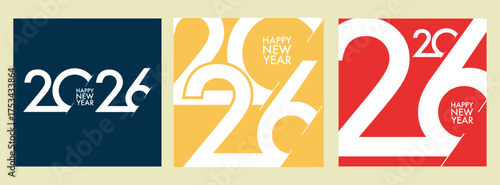 Set of 2026 Happy New Year logo text design. 2026 number design template. Collection of 2026 Happy New Year symbols. Vector illustration with colorful labels isolated on abstract background.