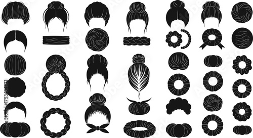 Hairstyle silhouette collection, scrunchie and braid design, ponytail bun vector, hair accessory illustration, women beauty style, fashion clip art set