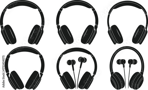 Headphone silhouette vector, earphone design illustration, audio device clipart, music accessory icon, over ear headset, in ear earphones set