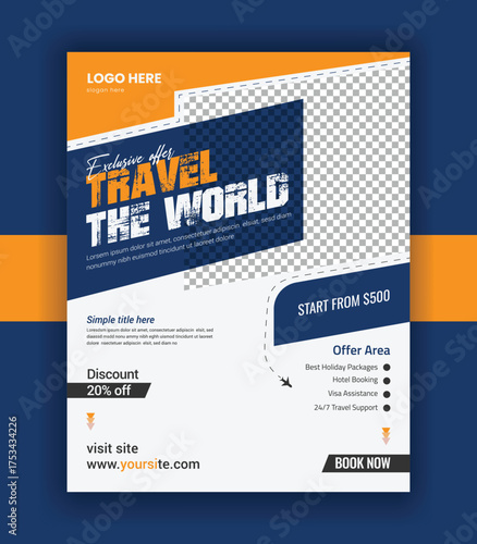 Explore the World Travel Poster banner and Modern Travel Agency Flyer Design vector template