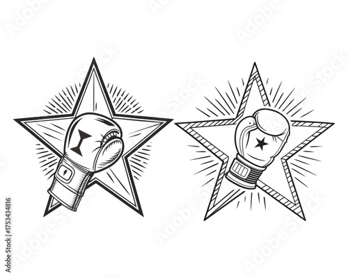 Two hand-drawn, vintage-style stars featuring a baseball and a boxing glove, adorned with ribbons and radiating lines