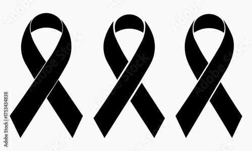 Set of multiple black ribbons in minimalist style, awareness and remembrance symbol icons for charity support, mourning tribute, social causes, and memorial design illustration