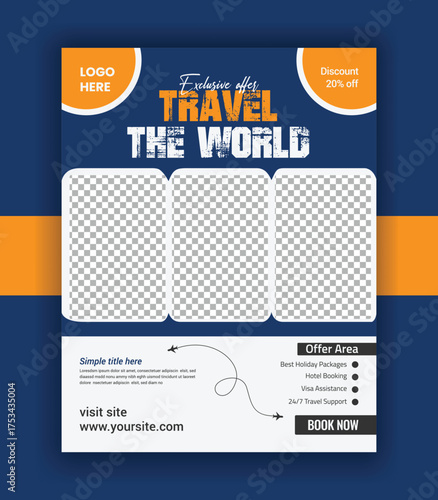 Explore the World Travel Poster banner and Modern Travel Agency Flyer Design vector template