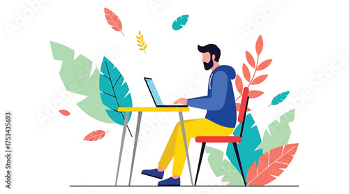 Vector art of a man is sitting at a yellow desk with a laptop, surrounded by colorful leaves, representing creativity and productivity