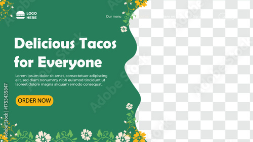A vibrant advertisement showcasing mouthwatering tacos and a side of salsa, inviting everyone to enjoy a flavorful meal.