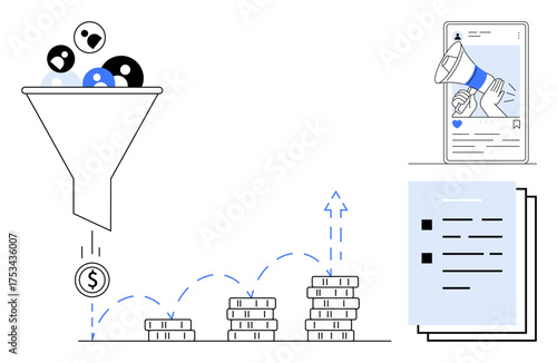 Funnel collecting audience leads, generating coins, graph with growing stacks of coins, megaphone promoting message, document with list. Ideal for marketing, business, sales, strategy analytics