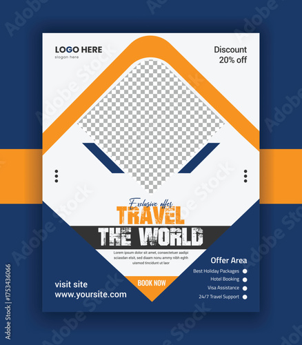 Explore the World Travel Poster banner and Modern Travel Agency Flyer Design vector template