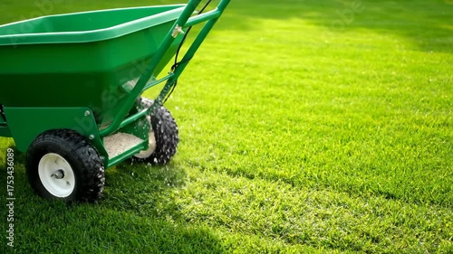 Green Lawn Spreader on Fresh Grass Ready for Yard Maintenance Work