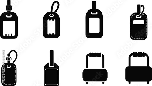 Luggage tag silhouette, travel suitcase vector, baggage label design, identification tag illustration, rolling suitcase clip art, airport security accessory set