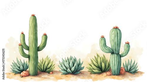 Watercolor Desert Cacti and Succulents Illustration with Green Plants and Sandy Ground