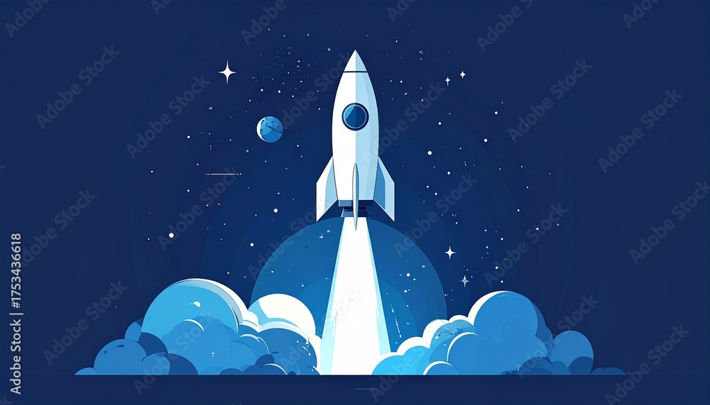 Fototapeta premium A stylized rocket blasts off into the cosmos, leaving a trail of glowing clouds against a deep blue, star-filled backdrop, signifying exploration and launch